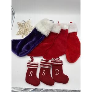 7pc Christmas Stockings Set Velvet Knit Mini Stockings w/ Letters Star Decor
